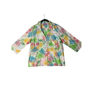 Papagallo Women Size Large Floral Sequin Detail 100% Cotton Button Front Blouse